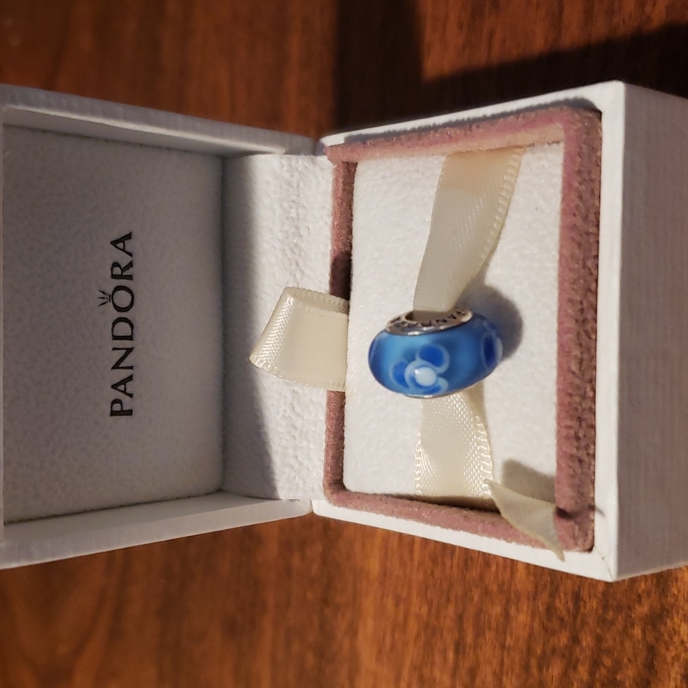Pandora Murano glass bead.  Blue flower pattern.  Retired.